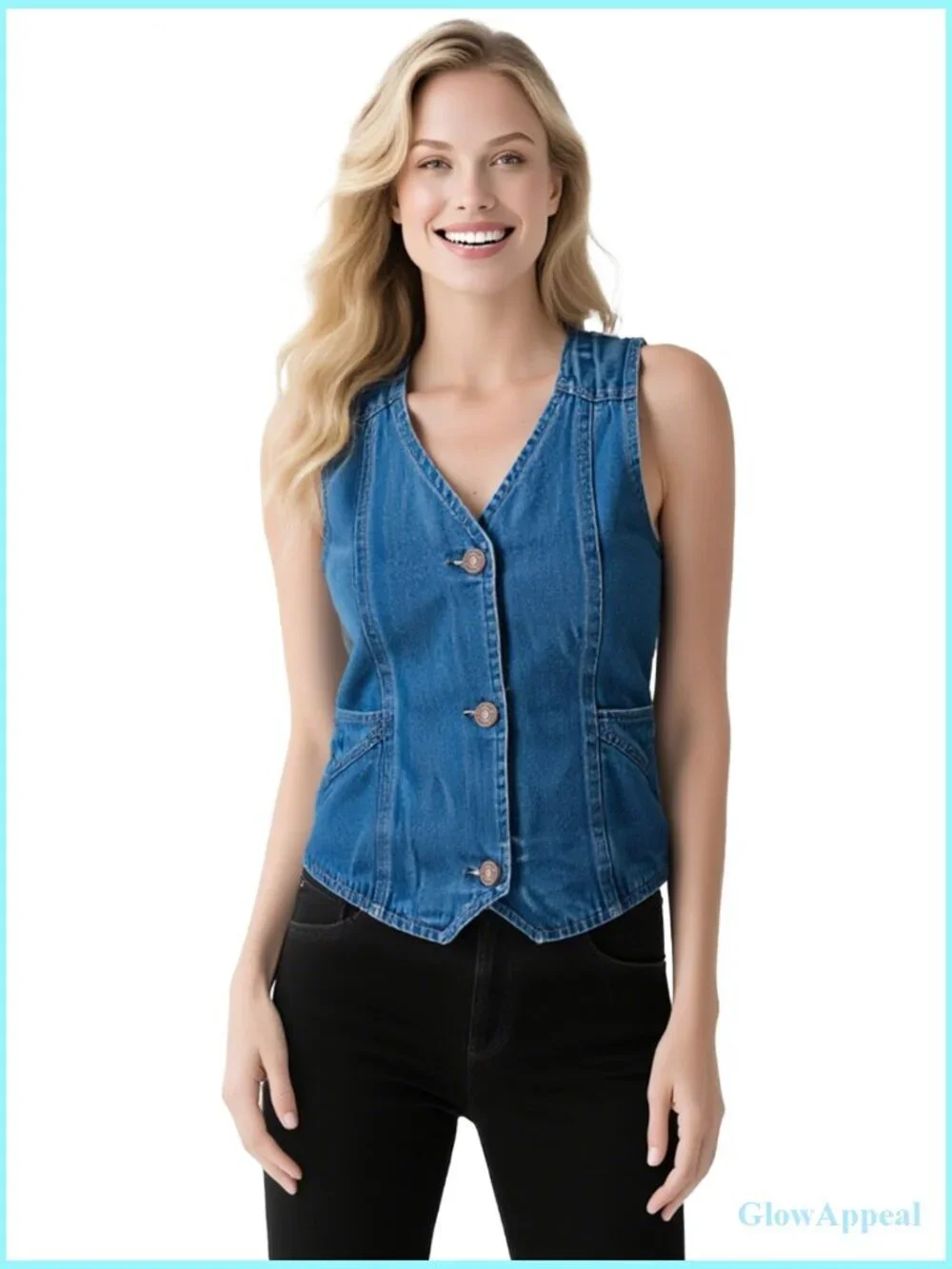 Denim Sleeveless Casual Vest, V Neck Button Front with Pockets